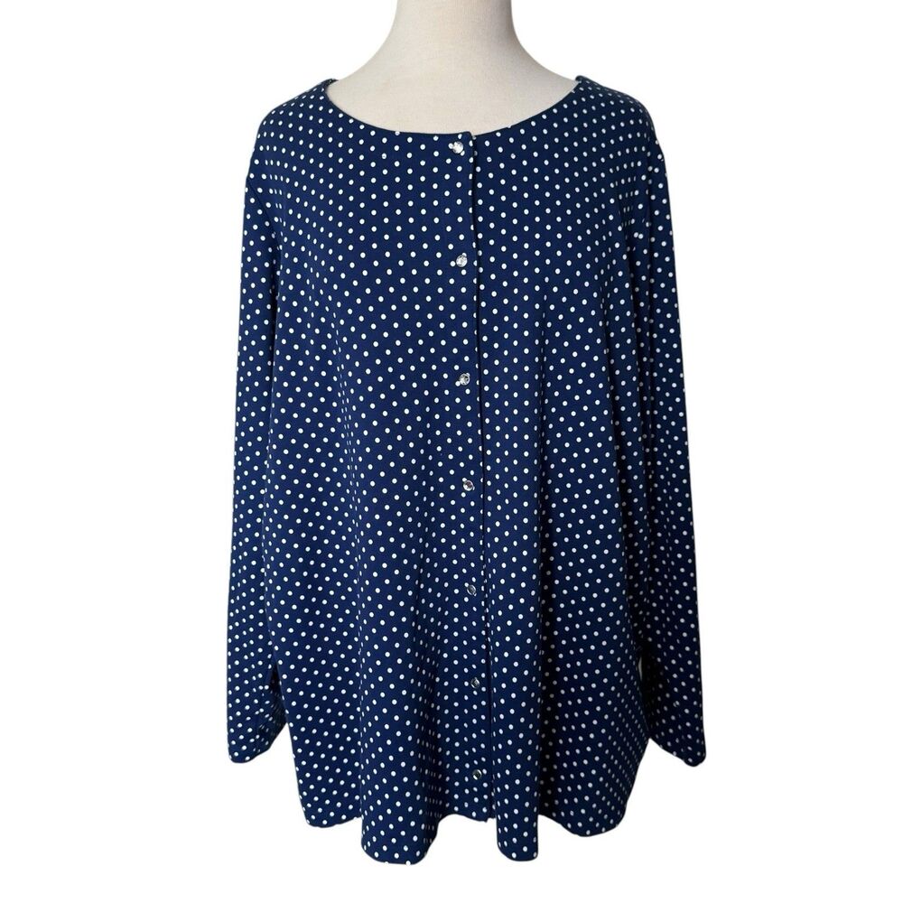 Quacker Factory Navy Polka Dot Knit Cardigan Shirt Rhinestone Snap Top Size 2X